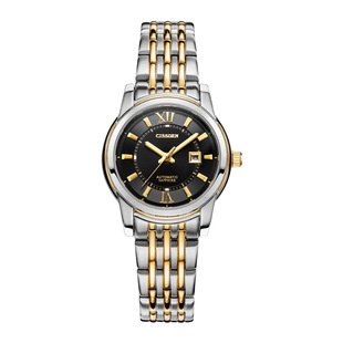 表盘手表女士金色钢带精钢瑞士夜光日历时尚机械皮带国产腕表