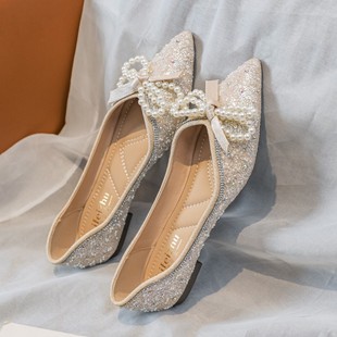 韩版甜美珍珠水钻蝴蝶结气质，仙女单鞋尖头平底精致伴娘鞋婚鞋大码