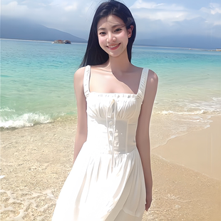 法式甜美初恋白色吊带连衣裙女夏2024年白月光(白月光，)海边度假长裙子
