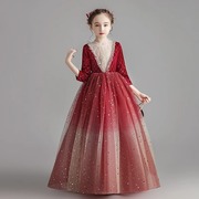 大码高端红色礼服公主裙长袖女大童钢琴演出服走秀主持人生日宴会