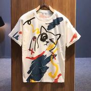 夏季卡通猫咪短袖t恤男日系复古简约个性涂鸦破洞体恤上衣潮