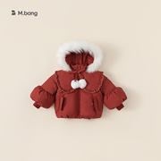 女童羽绒服冬季儿童连帽红色圣诞，外套女宝宝加厚保暖灯笼袖新年装