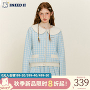 INEEDIT 秋季新款娃娃领格子小香风毛衣百褶裙套装女多巴胺穿搭