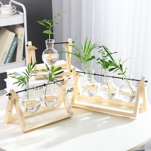 简约创意木架 绿萝水培花瓶植物 办公桌面装饰物玻璃花器客厅摆件