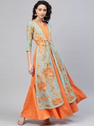 印度女装橘色条纹，crepe假2件长裙修身显瘦个性连衣裙2023