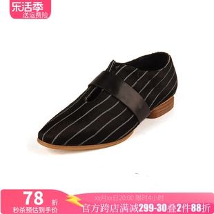 胎牛毛shellys英国条纹皮带扣手，工女低跟深口平底乐福单鞋shoes