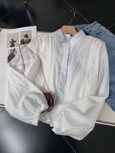 韩版白色宽松立领雪纺衫，休闲长袖单排扣上衣时尚休闲洋气