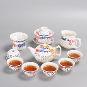 青花瓷玲珑茶具套装家用蜂窝，镂空整套陶瓷，功夫茶具泡茶壶茶杯盖碗