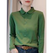 绿色长袖T恤女春装2024韩版设计感宽松显瘦polo衬衫打底上衣