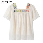 拉夏贝尔/La Chapelle法式方领短袖衬衫女夏季民族风刺绣小衫上衣