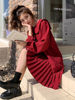 赫本风长袖红色连衣裙，女秋季中长款2023小个子，衬衫雪纺百褶裙