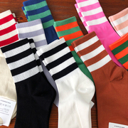 韩国黑白三条杠女袜子原宿风学生棒球TB中筒袜运动棉袜潮牌堆堆袜