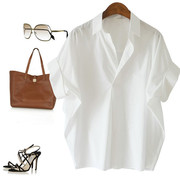 复古港味短袖衬衫女2023夏洋气(夏洋气，)百搭白色衬衣宽松蝙蝠袖领上衣