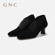 GNC方头时尚松紧带短靴女秋季软皮法式复古女靴粗跟裸靴