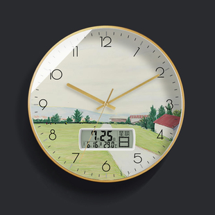 现代田园钟表挂钟客厅家用时尚万年历电波钟餐厅免打孔日历表时钟