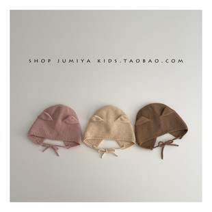 婴儿护耳帽秋冬ins韩版宝宝针织，毛线帽可爱超萌0-6个月婴幼儿帽子