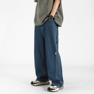 lemanism深蓝色美式牛仔裤男款，夏季薄款宽松直筒休闲裤，垂感长裤子