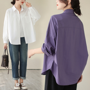 韩版通勤茧型褶皱下摆纯色长袖紫色衬衫上衣设计感方领开衫长袖子