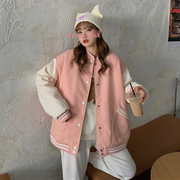 胖mm秋季大码外套女2021棒球服撞色薄款设计感粉色韩版上衣潮