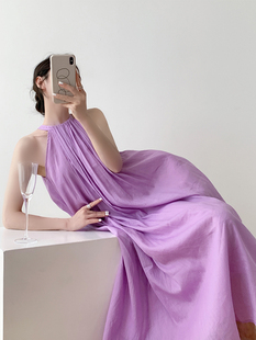 法式无袖紫色苎麻连衣裙女夏季度假背心裙子，显瘦宽松简约挂脖长裙