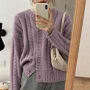 紫色麻花毛衣针织开衫女春秋外搭外套冬季春秋上衣2024年