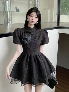 黑色法式泡泡袖新中式连衣裙高级感小个子在逃公主风蓬蓬裙子夏季