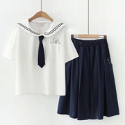 日系少女学院风海军领带短袖衬衫+小熊半身裙长裙女两件套装春夏