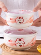 保鲜碗陶瓷带盖泡面碗微波炉专用碗三件套瓷碗家用饭盒套装便当盒