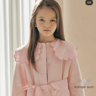 韩国高端女童春秋，外套粉色波浪边大翻领，薄款中长款风衣外套