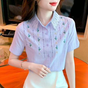 甜美刺绣短袖纯棉衬衫女2023夏季蕾丝翻领知性文艺高级感上衣