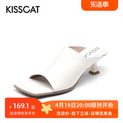 kisscat接吻猫夏季方头露趾牛皮，一脚蹬高跟，一字拖鞋女ka21112-10