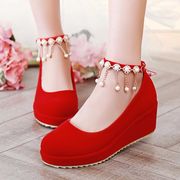 红色新娘鞋春秋季孕妇结婚鞋坡跟5厘米8厘米鞋跟单鞋高跟女鞋婚礼