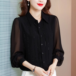 长袖雪纺衫女2024年春季韩版洋气打底衫时尚镶钻遮肚翻领衬衫