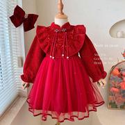 红色冬季小女孩拜年连衣裙2023国风加绒长袖亮片，纱网纯色礼服