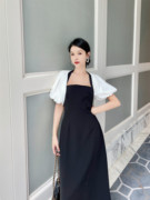 越南性感小黑裙黑白拼色质感连衣裙赫本风复古黑色中长款晚礼服裙