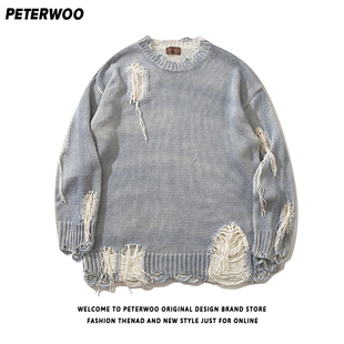peterwoo美式慵懒风，破烂圆领针织衫男女，宽松情侣套头毛衣外套