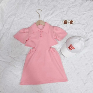 亲子装80-160夏季女童运动风翻领，polo纯棉连衣裙小公主粉红色灰色