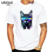 炫酷DJ猫咪印花莫代尔T恤男短袖搞怪动物图案个性情侣休闲美式T恤