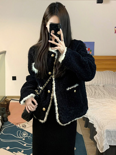 小香风外套女拼接仿皮草秋冬羊羔毛绒皮毛一体加厚黑色毛毛上衣短