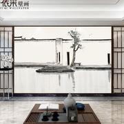 新中式黑白意境山水电视，背景墙壁纸水墨云雾客厅，沙发墙布无缝壁画