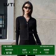 uti联名款黑色满版logo印花羊绒，开衫女装v领内搭尤缇2023冬季