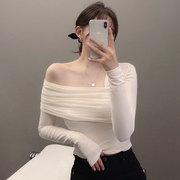 韩国chic秋季法式小众斜领露肩不规则设计拼接网纱长袖T恤上衣女