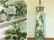 中国风桑蚕丝面料绿色牡丹，印花重磅弹力丝，绸缎真丝连衣裙旗袍布料