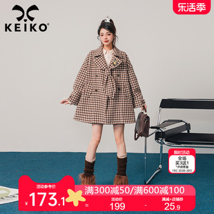 keiko英伦复古千鸟格子羊毛呢外套，2024早春设计感西装式呢子大衣