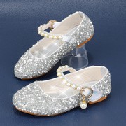 女童公主鞋小女孩圆头亮片水晶鞋学生演出儿童春秋软底银色单皮鞋