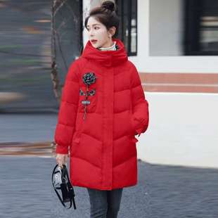 红色大摆连帽裙摆羽绒棉服女中长款冬季气质时尚a字版棉衣
