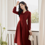 苏浅慕颜秋冬季女装法式复古红色连衣裙修身显瘦优雅中长裙子