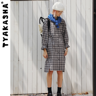 ip系列tyakasha塔，卡沙裙子女2023黑白格子，长袖连衣裙女