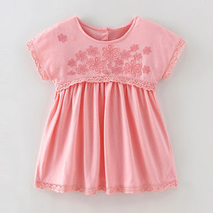 女童夏季粉红色短袖连衣裙宝宝夏装，儿童蕾丝花边洋气公主裙子婴儿