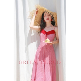 绿色云玛格丽特浪漫法式复古撞色收腰大摆红色小格子吊带连衣裙